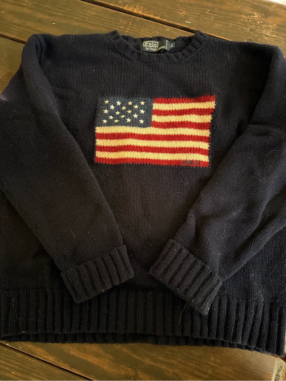 Polo by Ralph Lauren Navy Crewneck Sweater with Flag Motif - Navy, Red & White